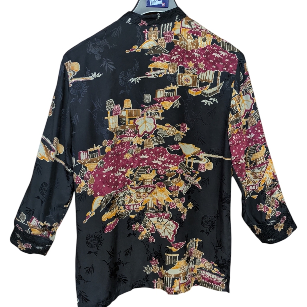 Chico's Vintage 100% Silk Asian Inspired Print Mandarin Collar Top Size 0 Small - Picture 2 of 11